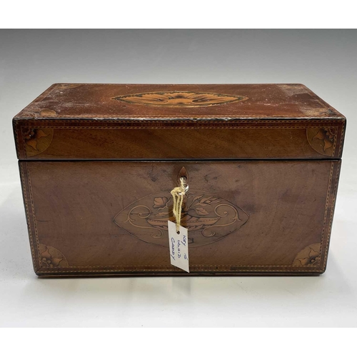 318 - A George III mahogany rectangular tea caddy, with shell and urn inlaid decoration, width 27cm, toget... 