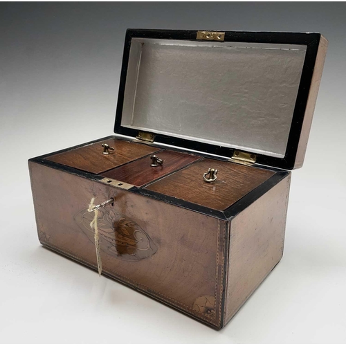 318 - A George III mahogany rectangular tea caddy, with shell and urn inlaid decoration, width 27cm, toget... 