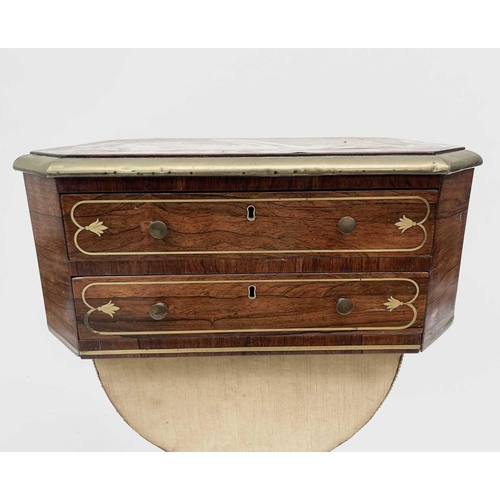 3184 - A Regency rosewood and brass inlaid work table, the octagonal top above two fitted drawers and dummy... 