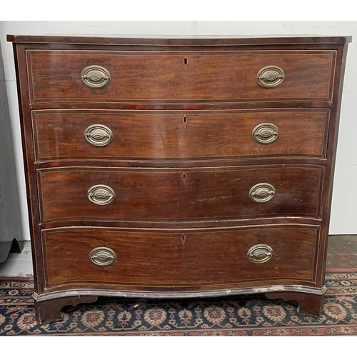 3186 - A George III inlaid mahogany serpentine chest of drawers, with four long graduated drawers, on brack... 