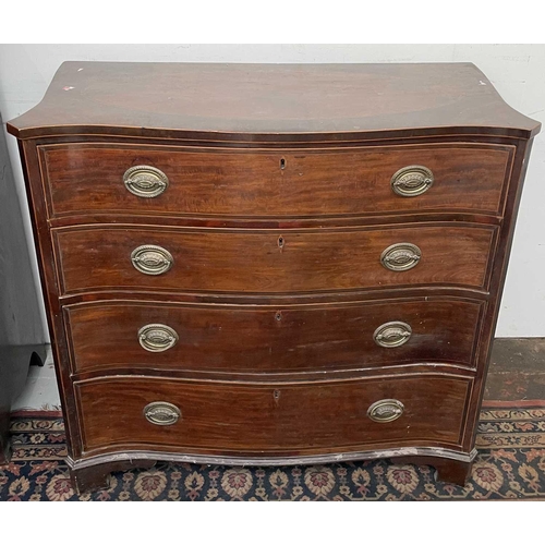 3186 - A George III inlaid mahogany serpentine chest of drawers, with four long graduated drawers, on brack... 