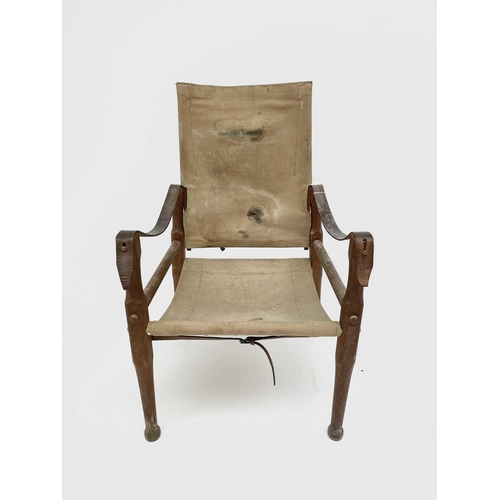 3194 - A WWI beech, leather and canvas campaign chair, the back inscribed J.E.A.Wigginton Royal Engineers, ... 