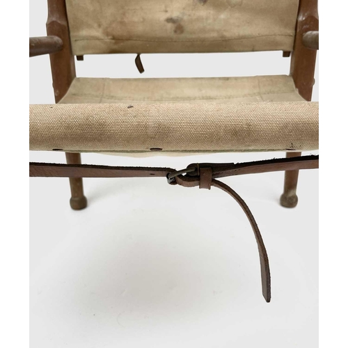 3194 - A WWI beech, leather and canvas campaign chair, the back inscribed J.E.A.Wigginton Royal Engineers, ... 