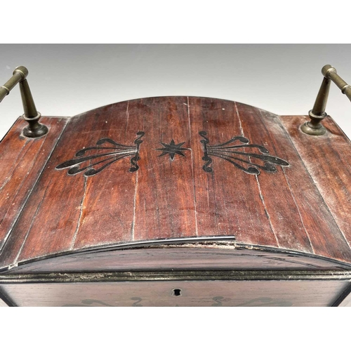 320 - A Regency mahogany and ebony inlaid box, of sarcophagus shape with slightly domed lid and raised bra... 