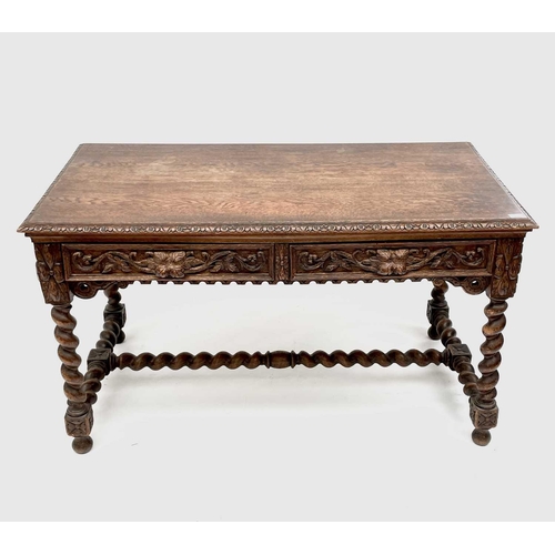 3205 - A Victorian carved oak library or centre table, fitted with two carved front drawers and raised on t... 