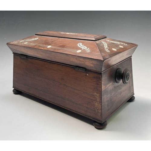 321 - A Regency rosewood and mother of pearl inlaid tea caddy, fitted with two lidded compartments, width ... 