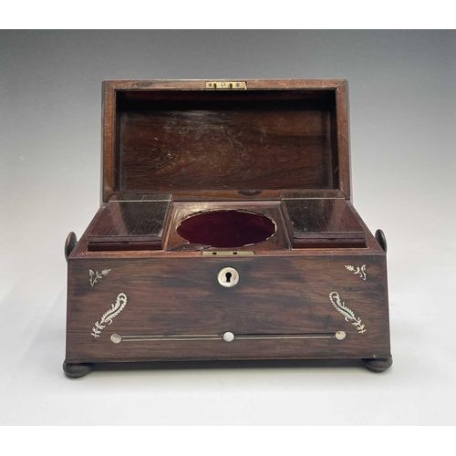 321 - A Regency rosewood and mother of pearl inlaid tea caddy, fitted with two lidded compartments, width ... 