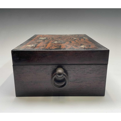 322 - An early Victorian rosewood and ebony workbox, the top and front inlaid with satinwood foliage and m... 