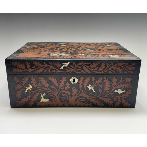 322 - An early Victorian rosewood and ebony workbox, the top and front inlaid with satinwood foliage and m... 