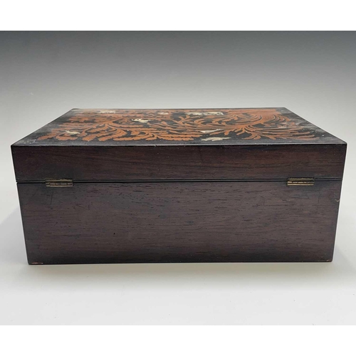 322 - An early Victorian rosewood and ebony workbox, the top and front inlaid with satinwood foliage and m... 