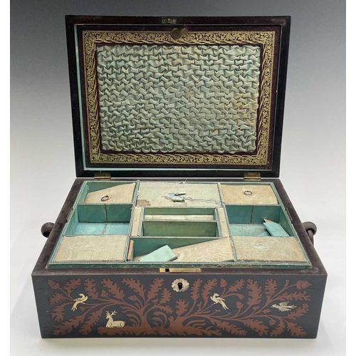 322 - An early Victorian rosewood and ebony workbox, the top and front inlaid with satinwood foliage and m... 