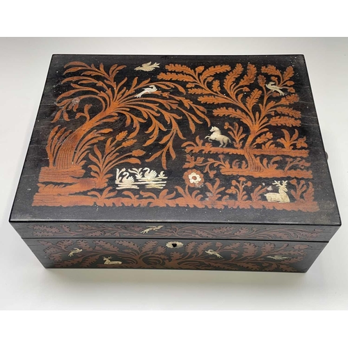 322 - An early Victorian rosewood and ebony workbox, the top and front inlaid with satinwood foliage and m... 