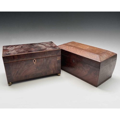 323 - A late George III mahogany and crossbanded tea caddy, with two lidded compartments, width 29cm, toge... 