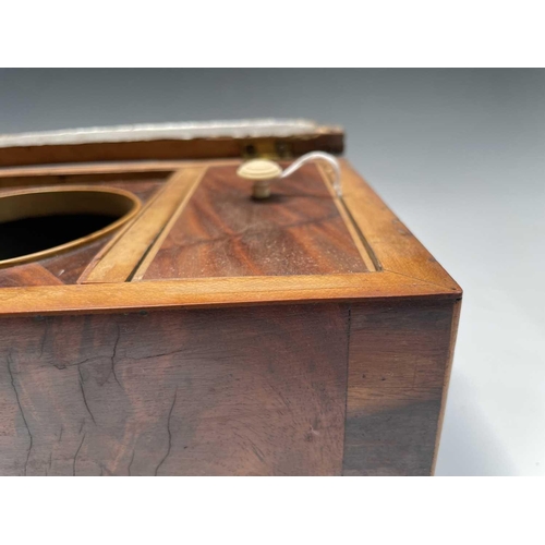 323 - A late George III mahogany and crossbanded tea caddy, with two lidded compartments, width 29cm, toge... 