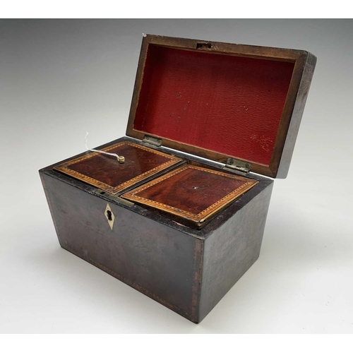 325 - A George III mahogany and chequer strung tea caddy with two lidded compartments, width 20cm, togethe... 