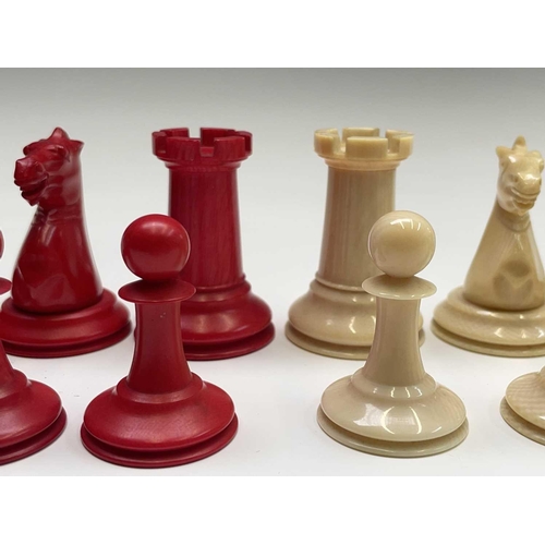 331 - A mid 19th century Jacques London red-stained and natural ivory Staunton chess set, the natural ivor... 