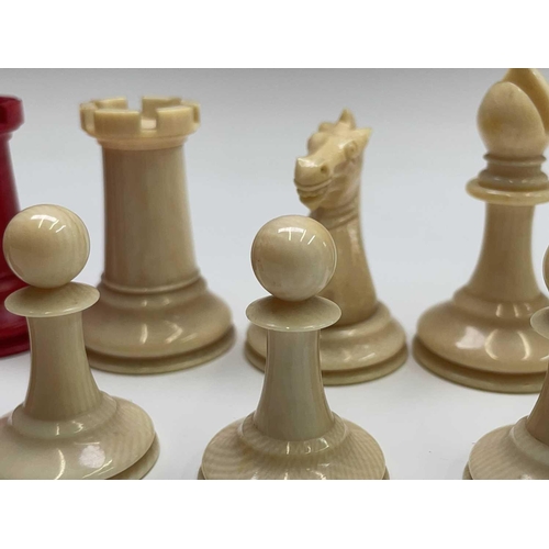 331 - A mid 19th century Jacques London red-stained and natural ivory Staunton chess set, the natural ivor... 