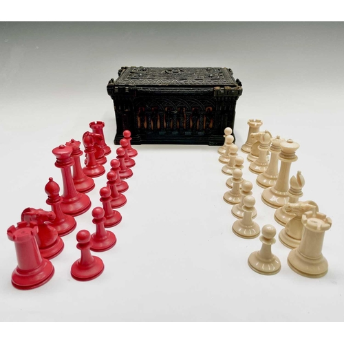 331 - A mid 19th century Jacques London red-stained and natural ivory Staunton chess set, the natural ivor... 