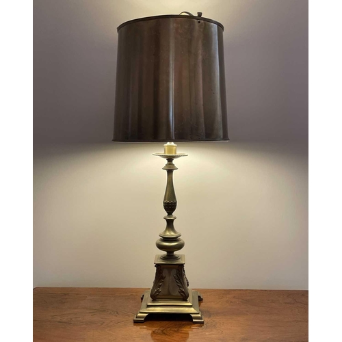 335 - A brass table lamp, 20th century of neo-classical form, with metal shade and leaf capped square base... 