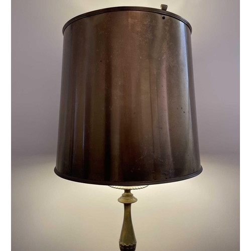 335 - A brass table lamp, 20th century of neo-classical form, with metal shade and leaf capped square base... 