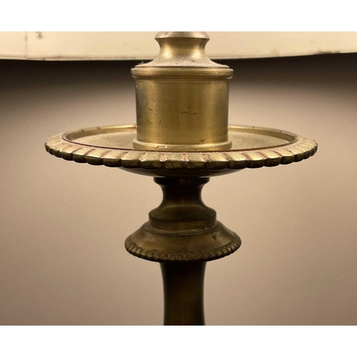 335 - A brass table lamp, 20th century of neo-classical form, with metal shade and leaf capped square base... 