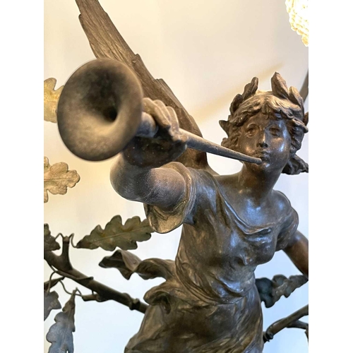 337 - A French Art Nouveau spelter table lamp titled La Renomee, after Moreau, depicting the horn blowing ... 