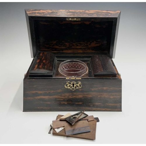 34 - An early Victorian coromandel wood tea caddy, of sarcophagus shape, with glass mixing bowl and twin ... 