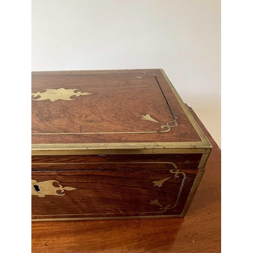 340 - A late George III rosewood and brass bound campaign writing box, with fitted interior, width 42cm.