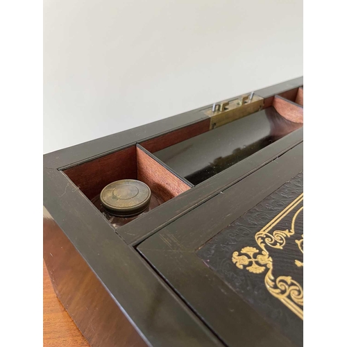 341 - A Victorian coromandel wood and brass inlaid writing slope, with fitted interior including two inkwe... 