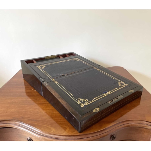 341 - A Victorian coromandel wood and brass inlaid writing slope, with fitted interior including two inkwe... 