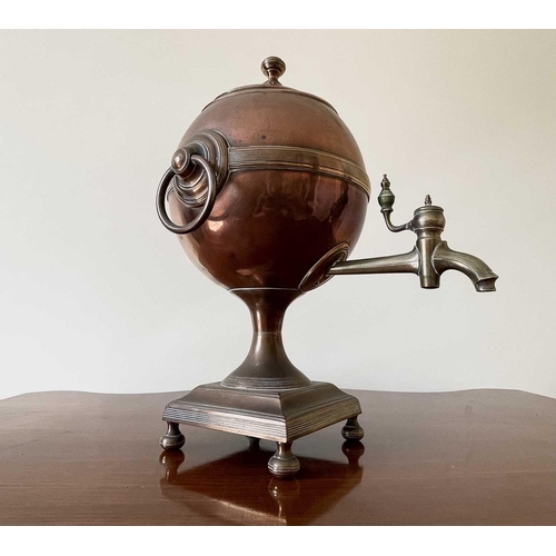 343 - A Regency copper and brass tea urn, of spherical form on a square base, height 32cm.