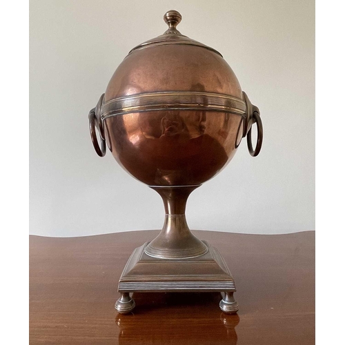 343 - A Regency copper and brass tea urn, of spherical form on a square base, height 32cm.