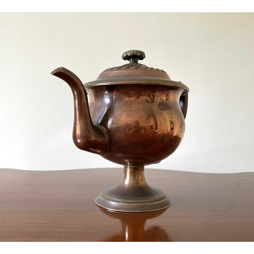 344 - A William IV copper teapot, with semi-gadrooned cover, pearwood handle on circular foot, height 22cm... 