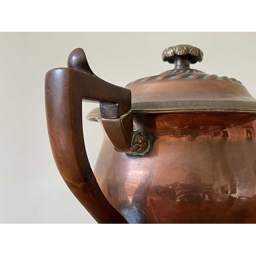 344 - A William IV copper teapot, with semi-gadrooned cover, pearwood handle on circular foot, height 22cm... 