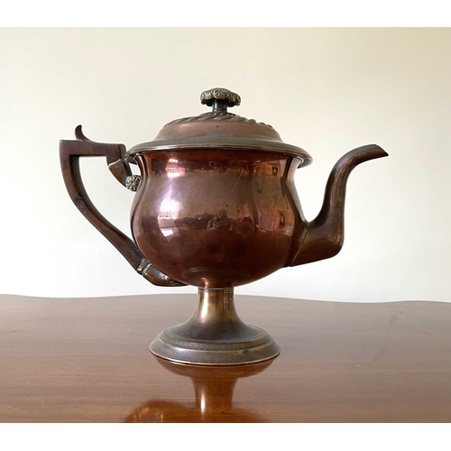 344 - A William IV copper teapot, with semi-gadrooned cover, pearwood handle on circular foot, height 22cm... 