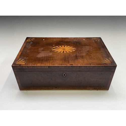 36 - A late George III mahogany and fan inlaid writing box, with brass handles and fitted an end drawer, ... 