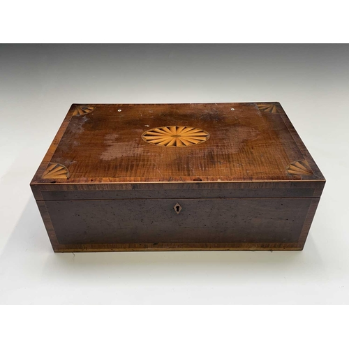 36 - A late George III mahogany and fan inlaid writing box, with brass handles and fitted an end drawer, ... 