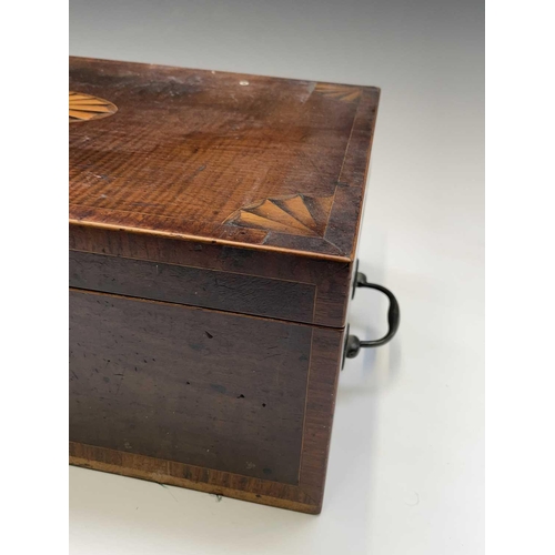 36 - A late George III mahogany and fan inlaid writing box, with brass handles and fitted an end drawer, ... 