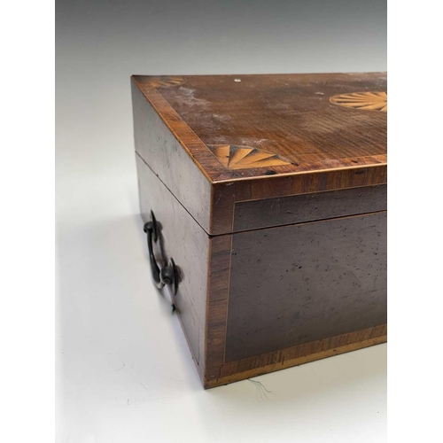 36 - A late George III mahogany and fan inlaid writing box, with brass handles and fitted an end drawer, ... 