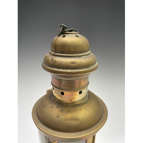 360 - A brass circular lamp, late 19th century, with removable burner, height 29cm, together with a brass ... 