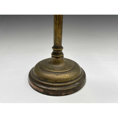 360 - A brass circular lamp, late 19th century, with removable burner, height 29cm, together with a brass ... 