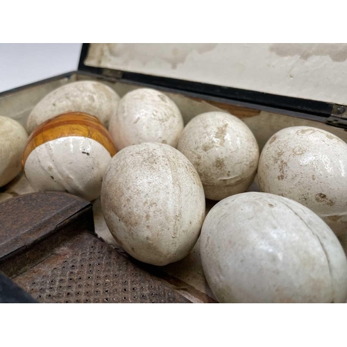 364 - Eight Victorian ceramic eggs and a nutmeg grater within a 'Chess' box, together with five Victorian ... 