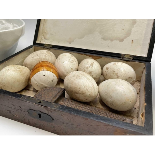 364 - Eight Victorian ceramic eggs and a nutmeg grater within a 'Chess' box, together with five Victorian ... 