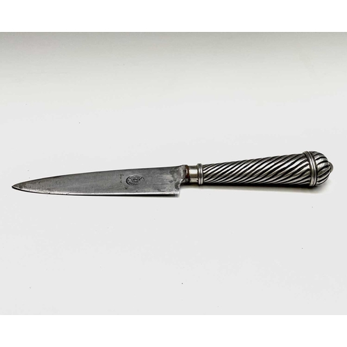 37 - An Argentinian gaucho knife, mid 20th century, with spiral white metal grip and similarly decorated ... 