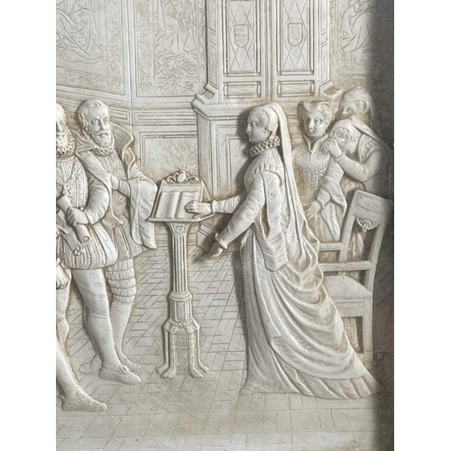 377 - A moulded plaster relief panel depicting Mary Queen Of Scots receiving the warrant for her execution... 