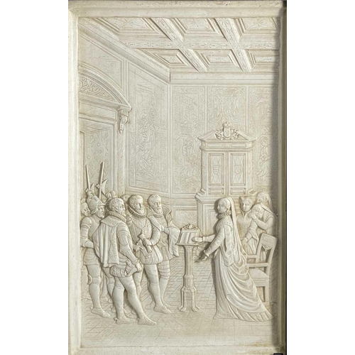 377 - A moulded plaster relief panel depicting Mary Queen Of Scots receiving the warrant for her execution... 