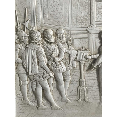 377 - A moulded plaster relief panel depicting Mary Queen Of Scots receiving the warrant for her execution... 