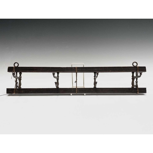 383 - An Edwardian reeded oak coat rack, fitted with four folding steel hooks, width 55cm, together with a... 