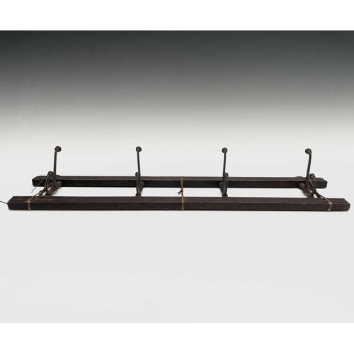 383 - An Edwardian reeded oak coat rack, fitted with four folding steel hooks, width 55cm, together with a... 