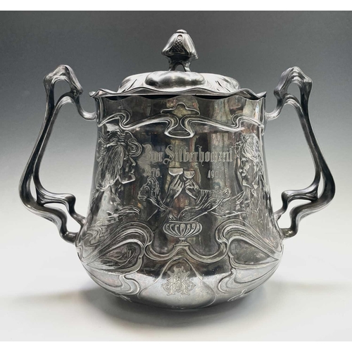 387 - A large Art Nouveau silvered pewter punch bowl and cover, by Julius Robert Hannig, 1900, possibly WM... 